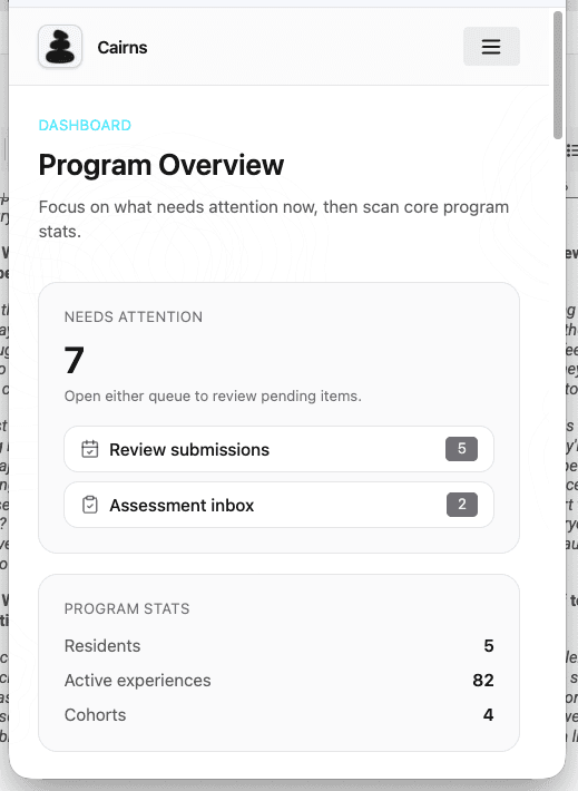 Program Overview mobile dashboard showing needs attention queue, review submissions, assessment inbox, and program stats