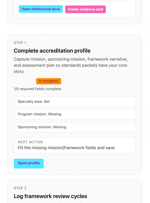 Cairns accreditation contributions and quick actions mobile view