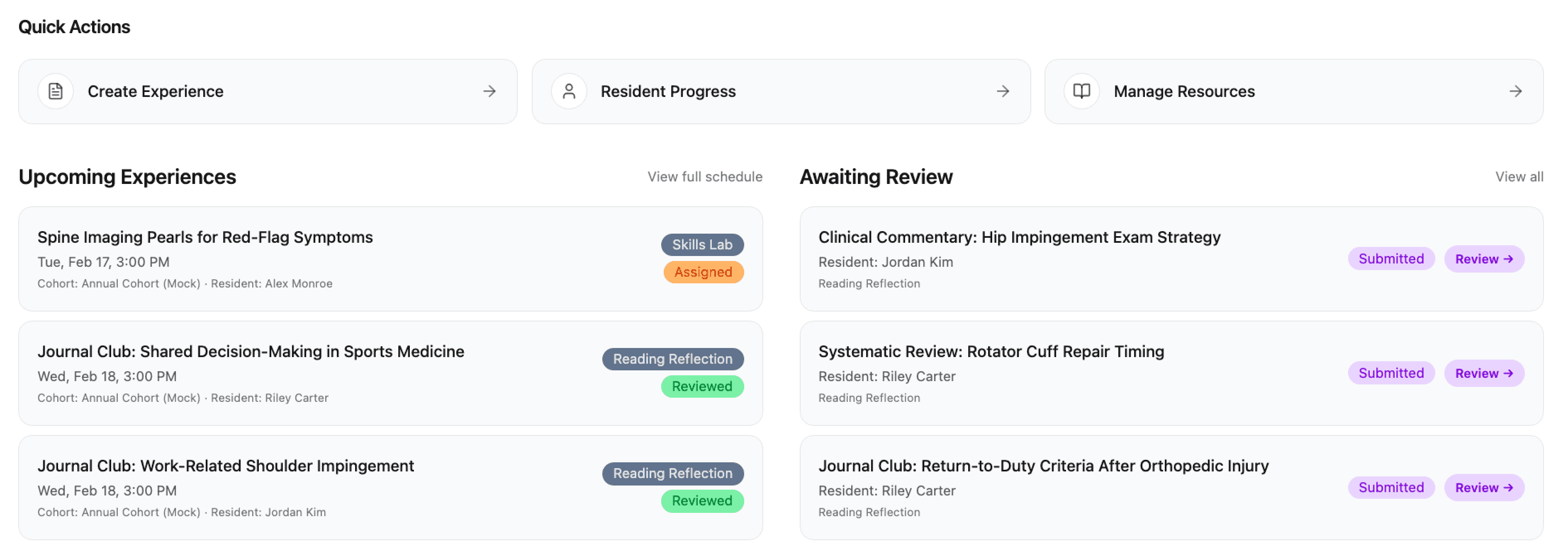 Cairns Program Overview Dashboard showing cohorts, residents, and curriculum at a glance